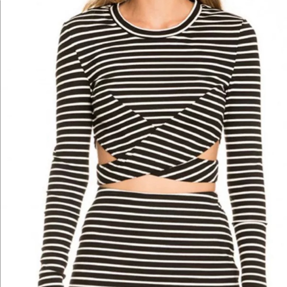 The Fifth Label Black White Stripe Starstruck Crop Long Sleeve Top - Size L